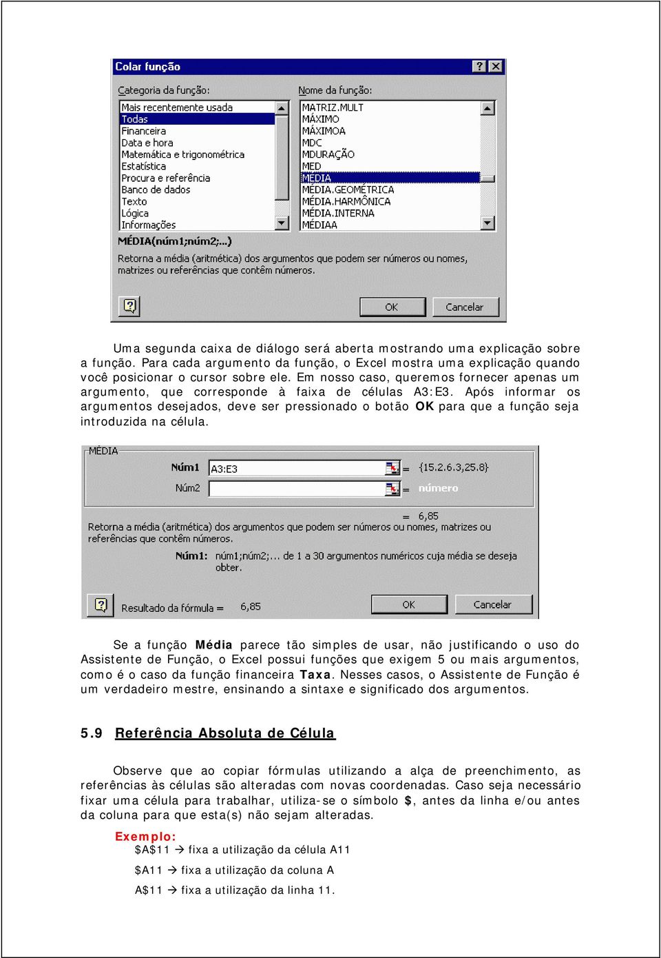 Após informar os argumentos desejados, deve ser pressionado o botão OK para que a função seja introduzida na célula.