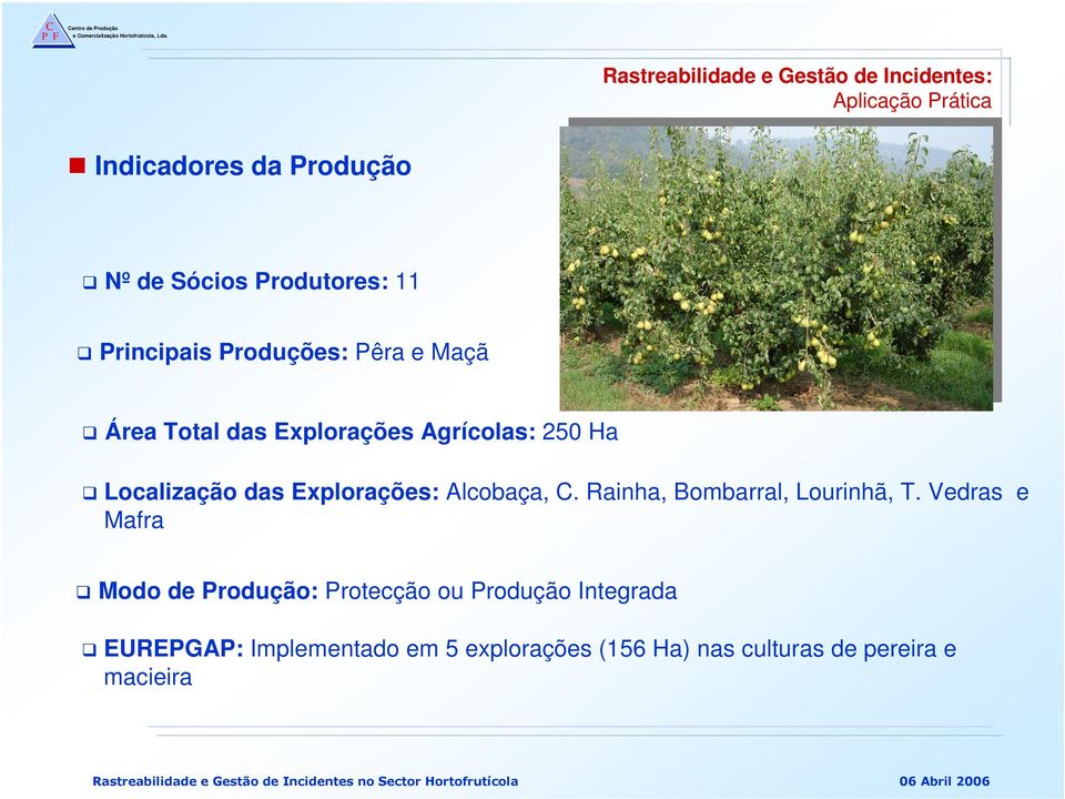 Vedras e Mafra Modo de Produção: Protecção ou Produção Integrada EUREPGAP: Implementado em 5 explorações