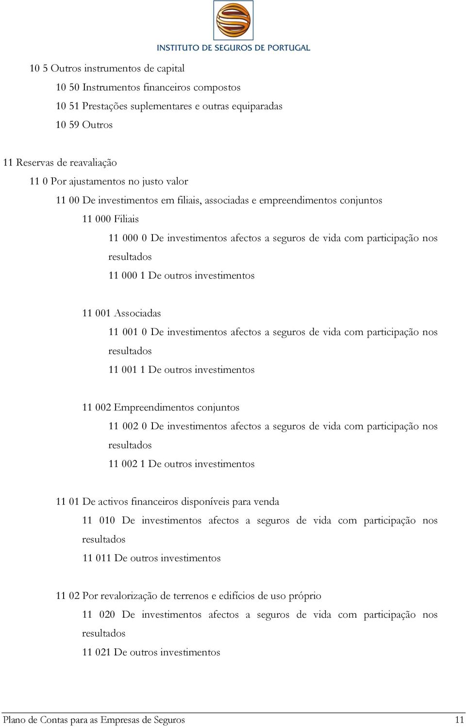 investimentos 11 001 Associadas 11 001 0 De investimentos afectos a seguros de vida com participação nos resultados 11 001 1 De outros investimentos 11 002 Empreendimentos conjuntos 11 002 0 De