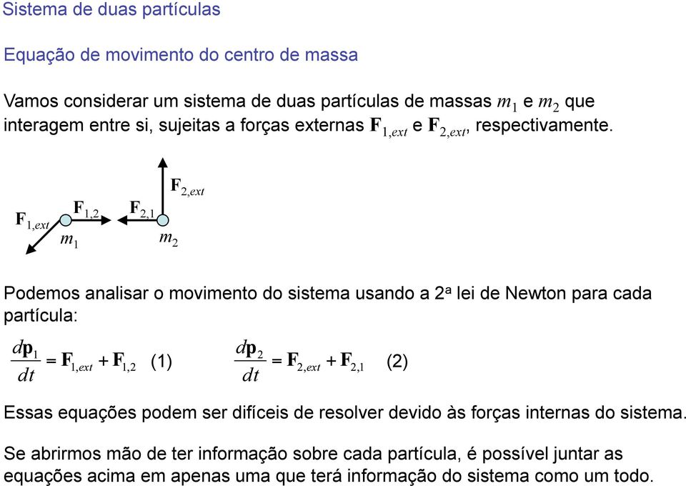 F 2,ext F 1,ext F 1,2 F 2,1 m 1 m 2 Podemos analisar o movimento do sistema usando a 2 a lei de Newton para cada partícula: (1) (2) Essas equações