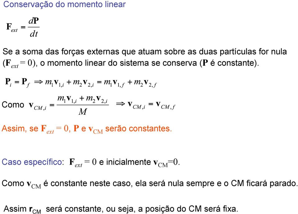 Como Assim, se F ext = 0, P e v CM serão constantes. Caso específico: F ext = 0 e inicialmente v CM =0.