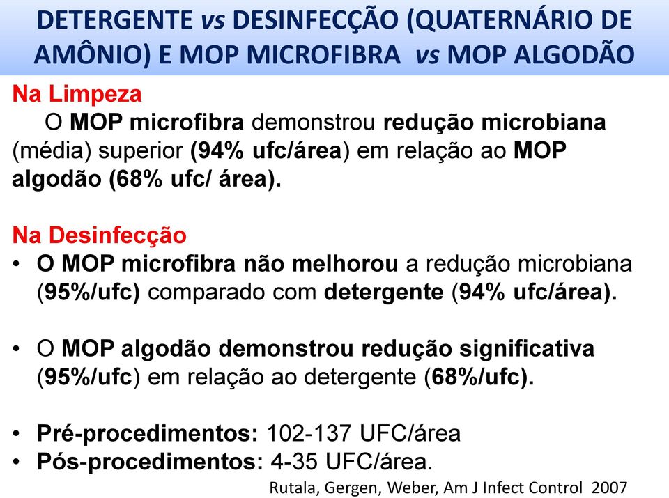 Na Desinfecção O MOP microfibra não melhorou a redução microbiana (95%/ufc) comparado com detergente (94% ufc/área).