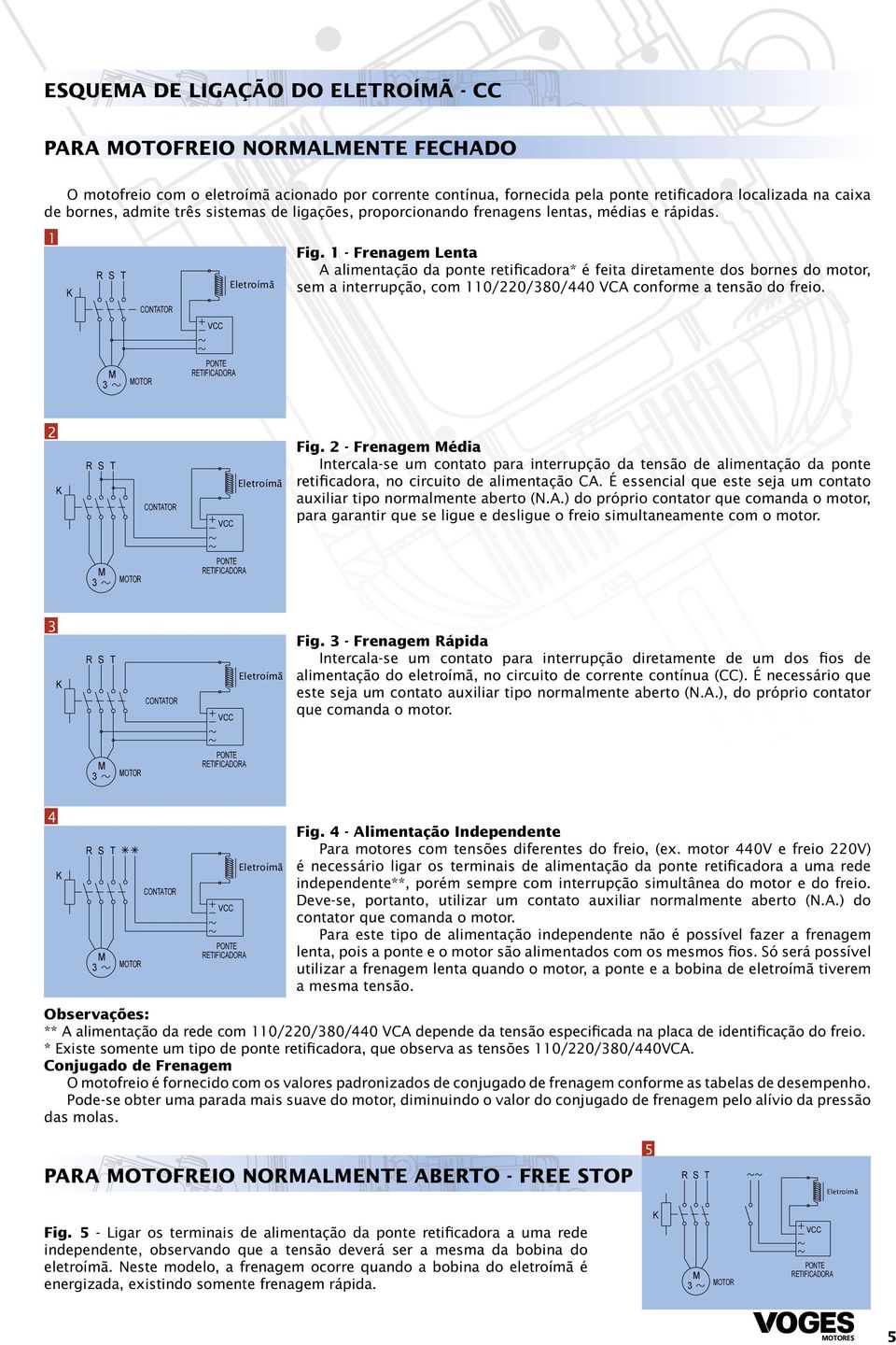 1 - Frenagem Lenta A alimentação da ponte retificadora* é feita diretamente dos bornes do motor, sem a interrupção, com 110/220/380/0 VCA conforme a tensão do freio.