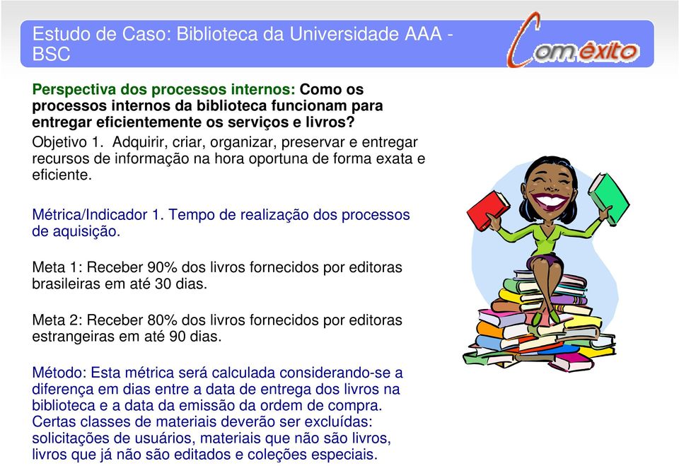 Meta 1: Receber 90% dos livros fornecidos por editoras brasileiras em até 30 dias. Meta 2: Receber 80% dos livros fornecidos por editoras estrangeiras em até 90 dias.