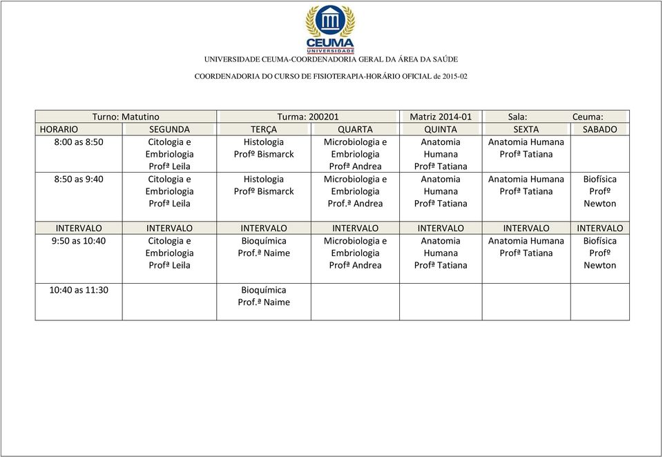 Prof.ª Andrea Anatomia Humana Anatomia Humana Biofísica Profº Newton 9:50 as 10:40 Citologia e Profª Leila