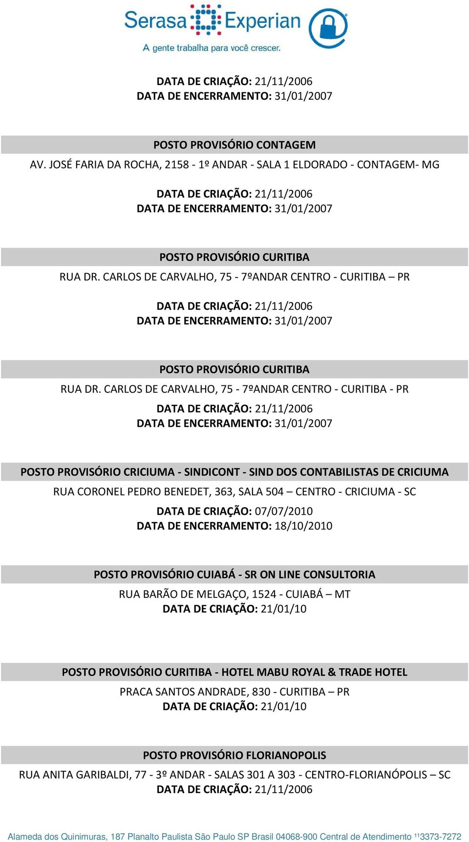 CARLOS DE CARVALHO, 75-7ºANDAR CENTRO - CURITIBA - PR POSTO PROVISÓRIO CRICIUMA - SINDICONT - SIND DOS CONTABILISTAS DE CRICIUMA RUA CORONEL PEDRO BENEDET, 363, SALA 504 CENTRO - CRICIUMA -