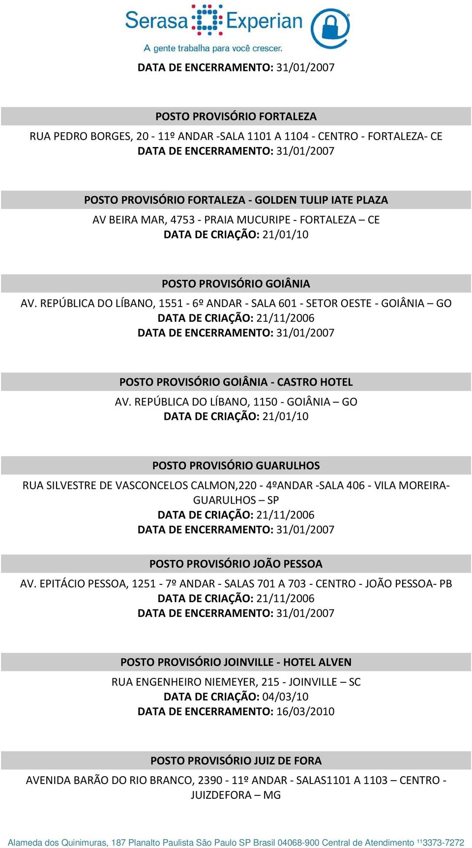 REPÚBLICA DO LÍBANO, 1150 - GOIÂNIA GO POSTO PROVISÓRIO GUARULHOS RUA SILVESTRE DE VASCONCELOS CALMON,220-4ºANDAR -SALA 406 - VILA MOREIRA- GUARULHOS SP POSTO PROVISÓRIO JOÃO PESSOA AV.