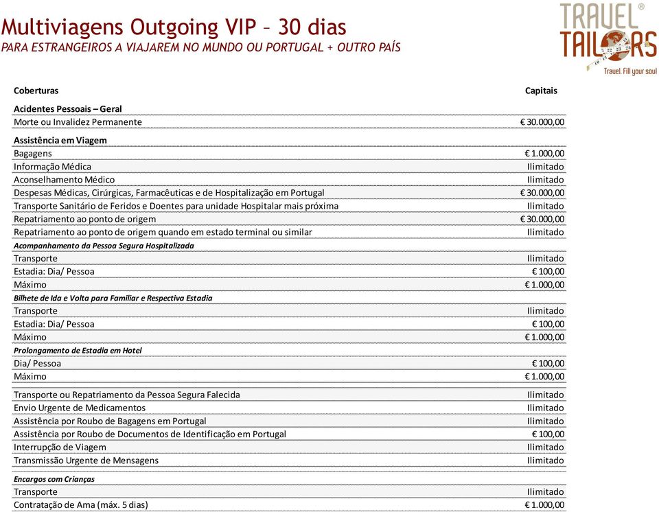 000,00 Sanitário de Feridos e Doentes para unidade Hospitalar mais próxima Repatriamento ao ponto de origem 30.