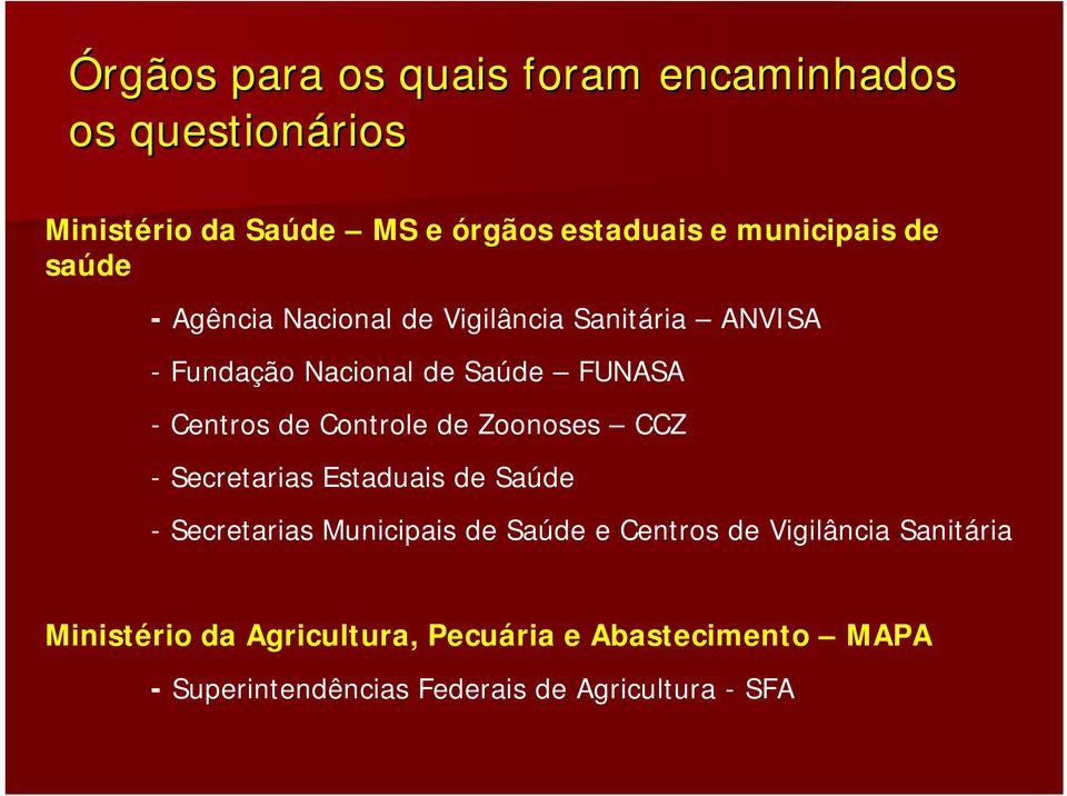 Controle de Zoonoses CCZ - Secretarias Estaduais de Saúde - Secretarias Municipais de Saúde e Centros de