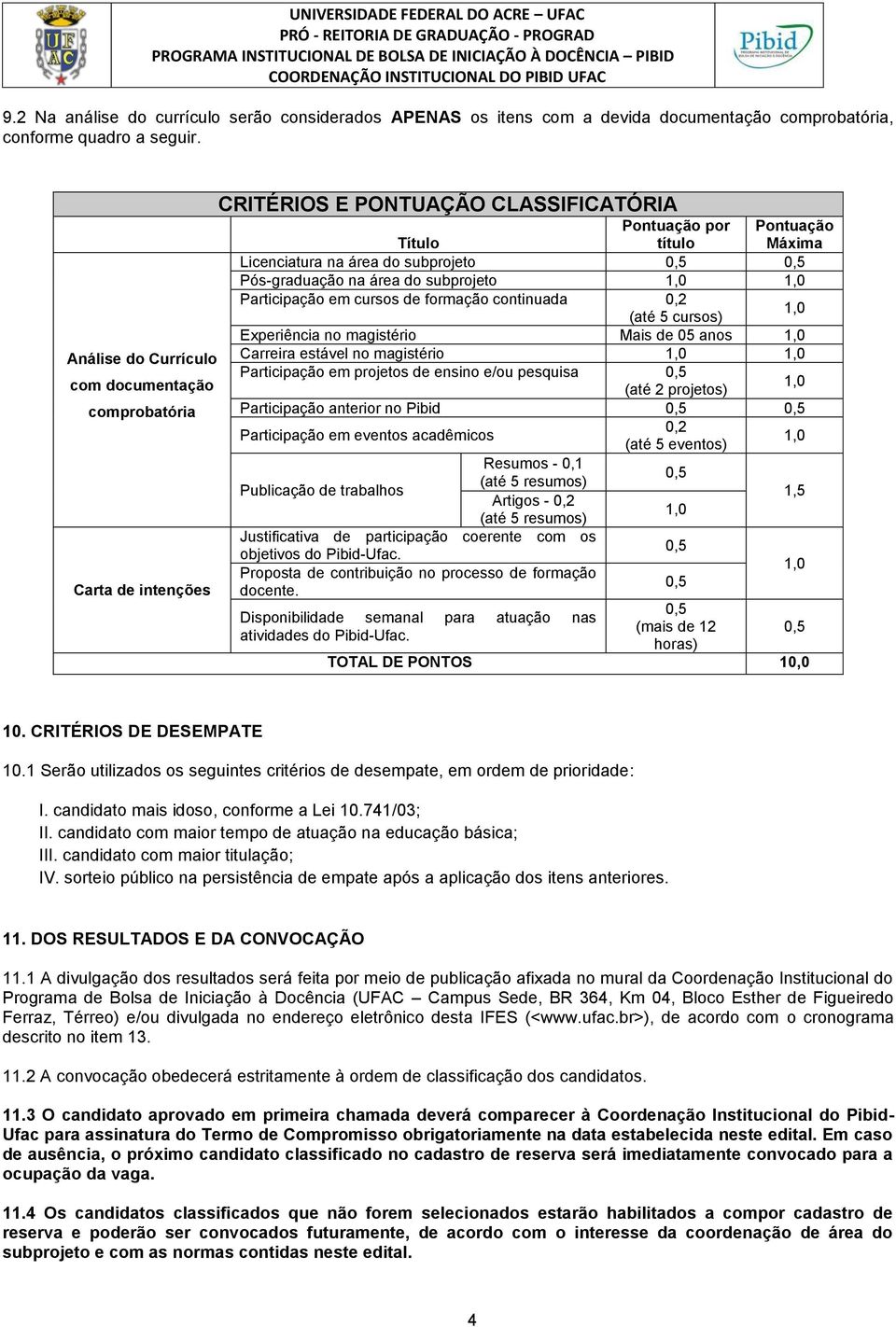 Pós-graduação na área do subprojeto Participação em cursos de formação continuada 0,2 (até 5 cursos) Experiência no magistério Mais de 05 anos Carreira estável no magistério Participação em projetos