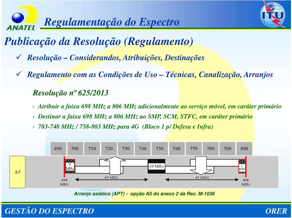 MHz adicionalmente ao serviço móvel, em caráter primário Destinar a faixa 698 MHz a 806 MHz ao SMP, SCM, STFC, em caráter