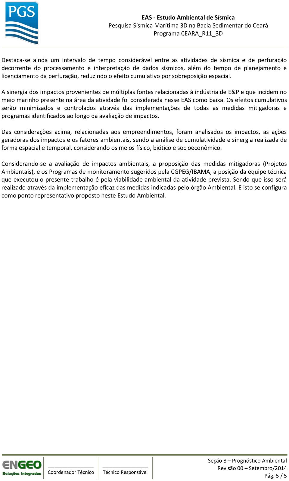 A sinergia dos impactos provenientes de múltiplas fontes relacionadas à indústria de E&P e que incidem no meio marinho presente na área da atividade foi considerada nesse EAS como baixa.