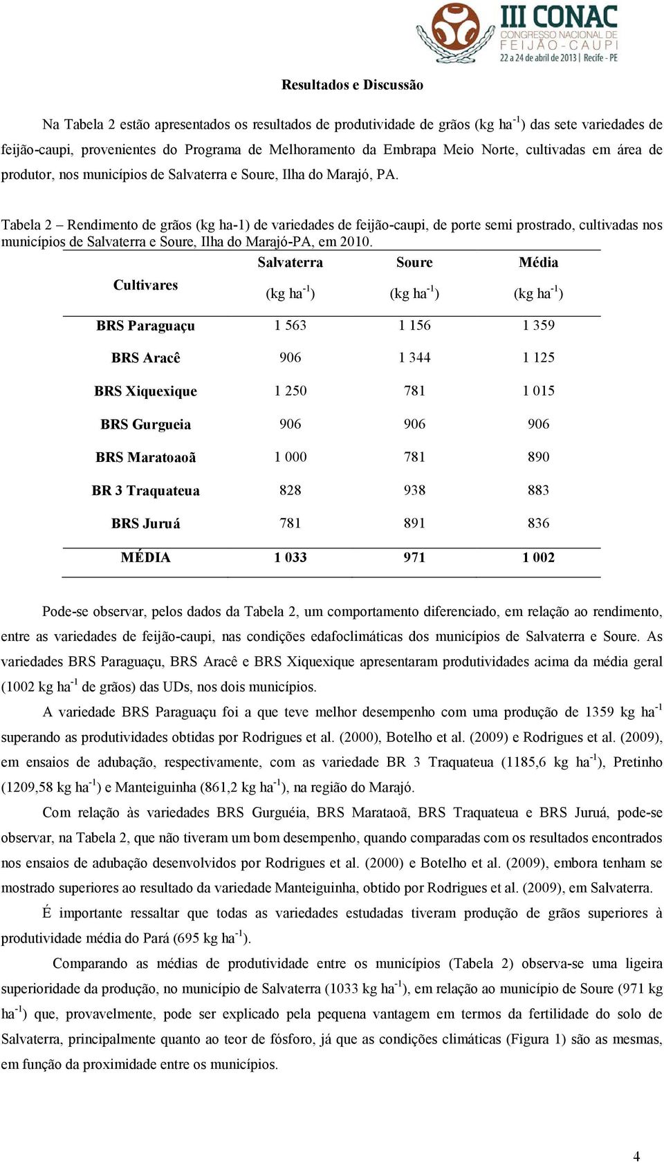 Tabela 2 Rendimento de grãos (kg ha-1) de variedades de feijão-caupi, de porte semi prostrado, cultivadas nos municípios de Salvaterra e Soure, Ilha do Marajó-PA, em 2010.