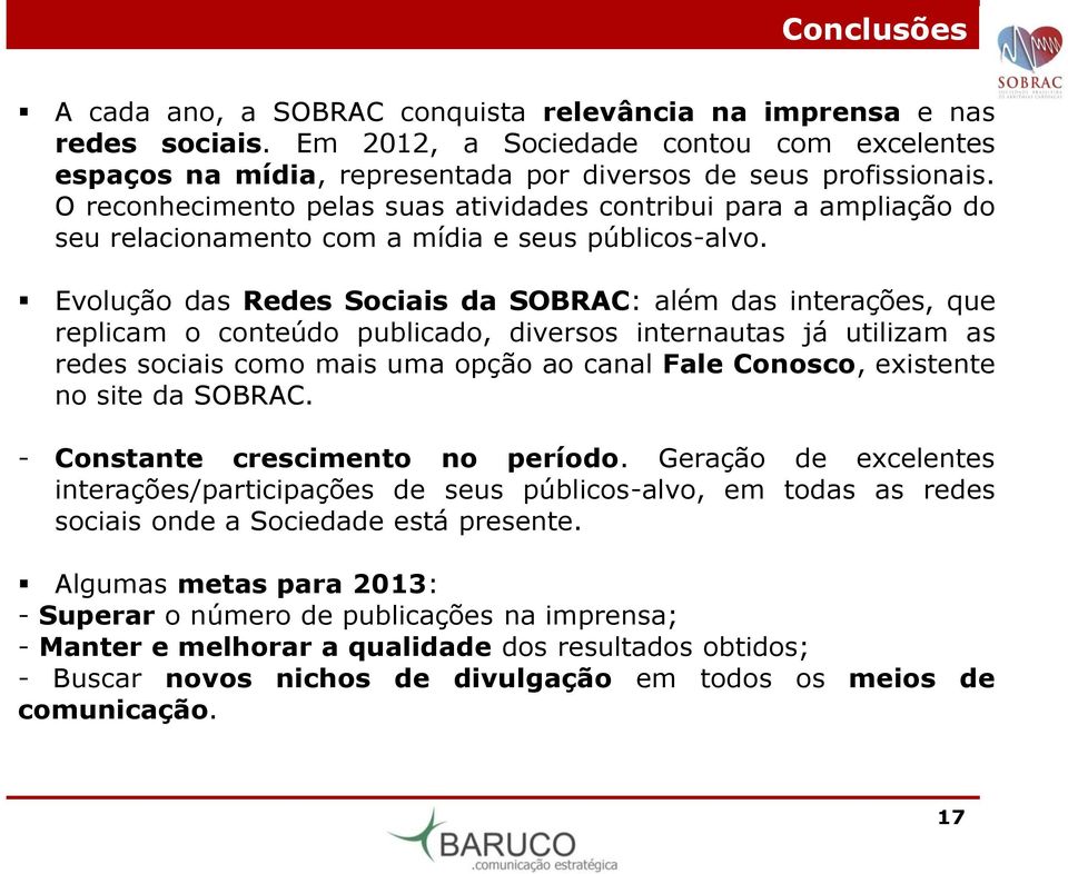 Evolução das Redes Sociais da SOBRAC: além das interações, que replicam o conteúdo publicado, diversos internautas já utilizam as redes sociais como mais uma opção ao canal Fale Conosco, existente no