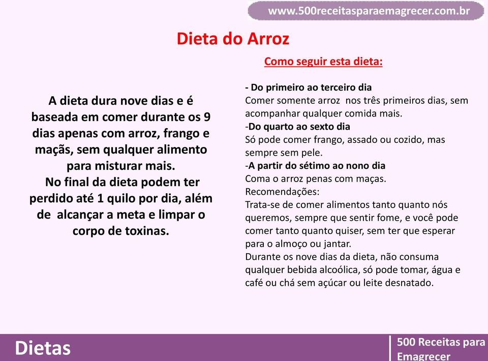 - Do primeiro ao terceiro dia Comer somente arroz nos três primeiros dias, sem acompanhar qualquer comida mais. -Do quarto ao sexto dia Só pode comer frango, assado ou cozido, mas sempre sem pele.