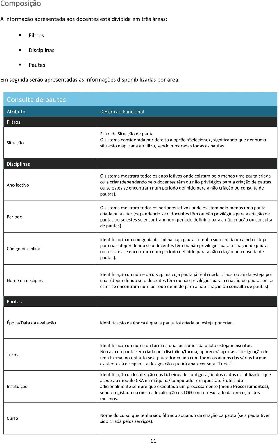 O sistema considerada por defeito a opção <Selecione>, significando que nenhuma situação é aplicada ao filtro, sendo mostradas todas as pautas.