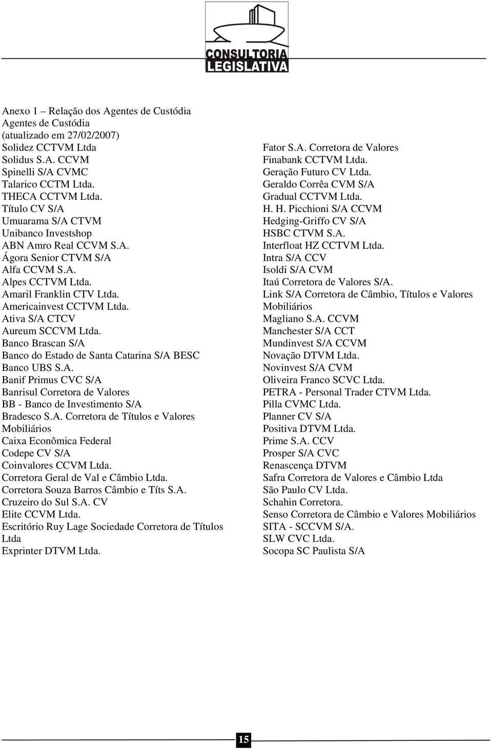 Ativa S/A CTCV Aureum SCCVM Ltda. Banco Brascan S/A Banco do Estado de Santa Catarina S/A BESC Banco UBS S.A. Banif Primus CVC S/A Banrisul Corretora de Valores BB - Banco de Investimento S/A Bradesco S.