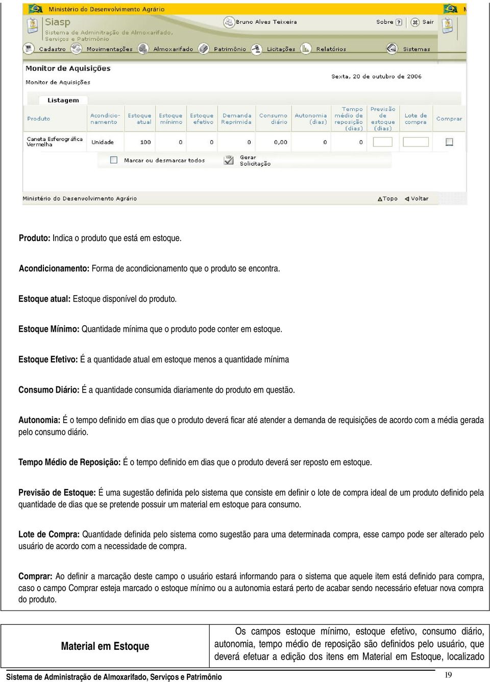 Estoque Efetivo: É a quantidade atual em estoque menos a quantidade mínima Consumo Diário: É a quantidade consumida diariamente do produto em questão.