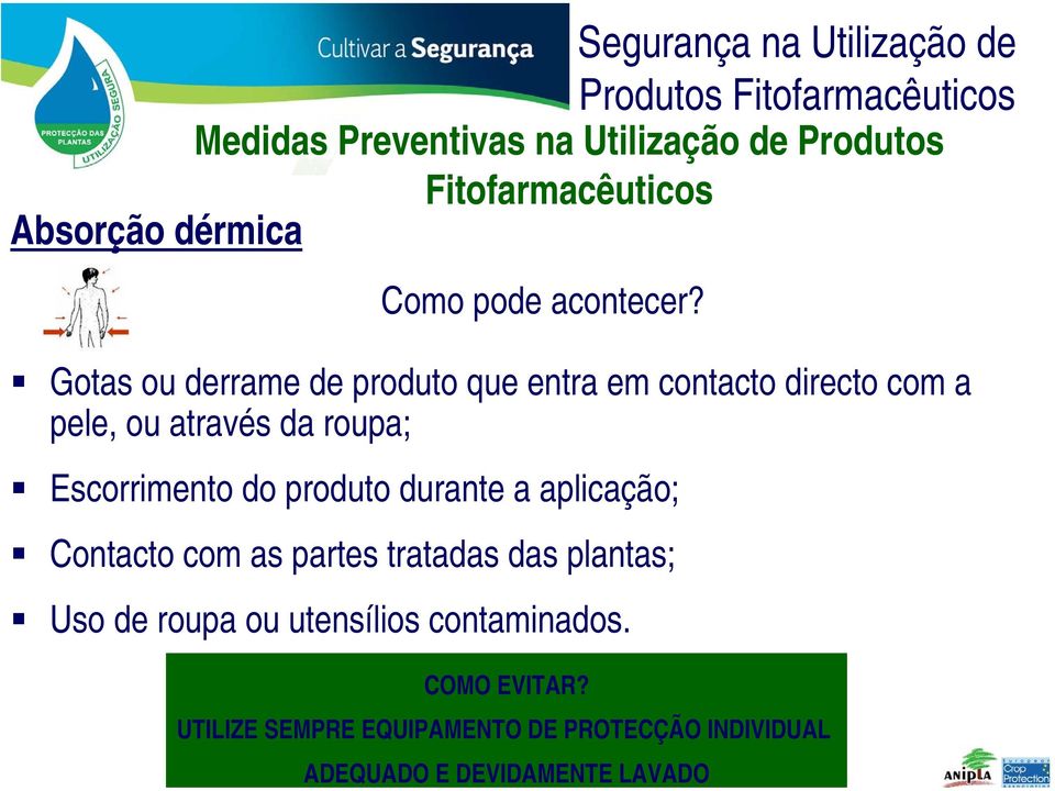 do produto durante a aplicação; Contacto com as partes tratadas das plantas; Uso de roupa ou utensílios