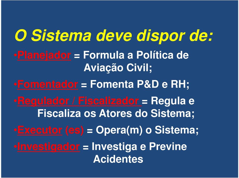 Fiscalizador = Regula e Fiscaliza os Atores do Sistema;