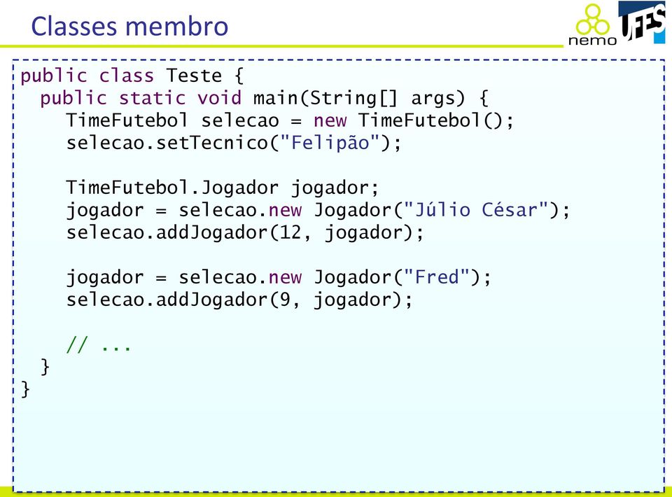 Jogador jogador; jogador = selecao.new Jogador("Júlio César"); selecao.