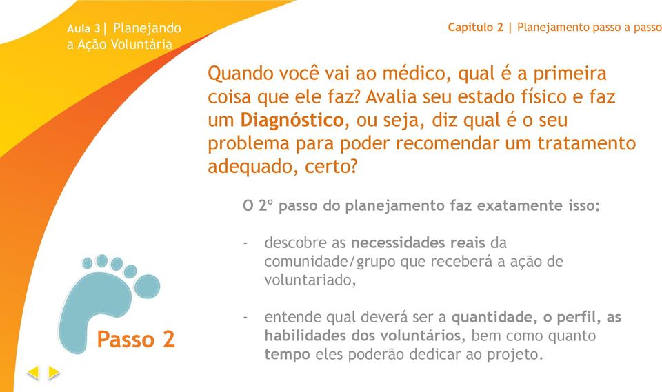 O 2º passo do planejamento faz exatamente isso: - descobre as necessidades reais da comunidade/grupo que receberá a ação de voluntariado,