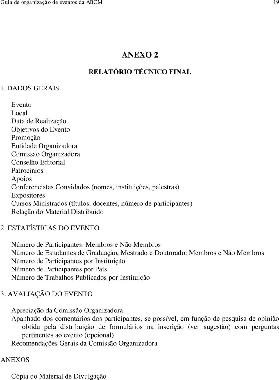 Conferencistas Convidados (nomes, instituições, palestras) Expositores Cursos Ministrados (títulos, docentes, número de participantes) Relação do Material Distribuído 2.