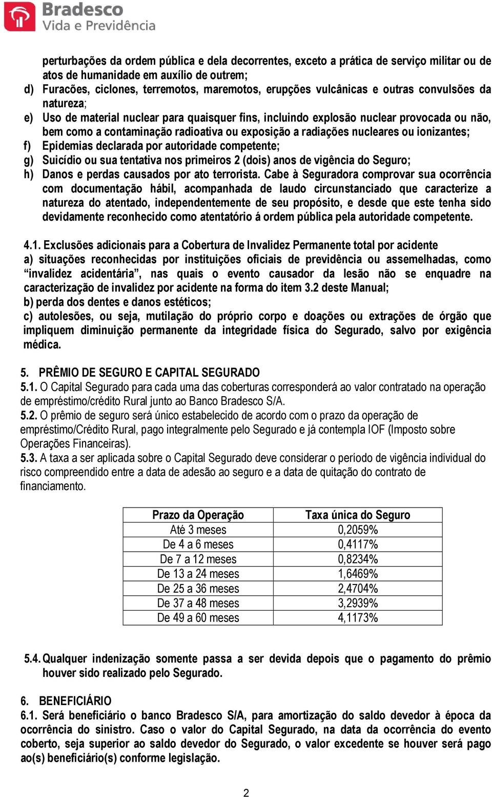 ionizantes; f) Epidemias declarada por autoridade competente; g) Suicídio ou sua tentativa nos primeiros 2 (dois) anos de vigência do Seguro; h) Danos e perdas causados por ato terrorista.