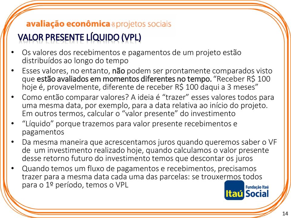 A ideia é trazer esses valores todos para uma mesma data, por exemplo, para a data relativa ao início do projeto.