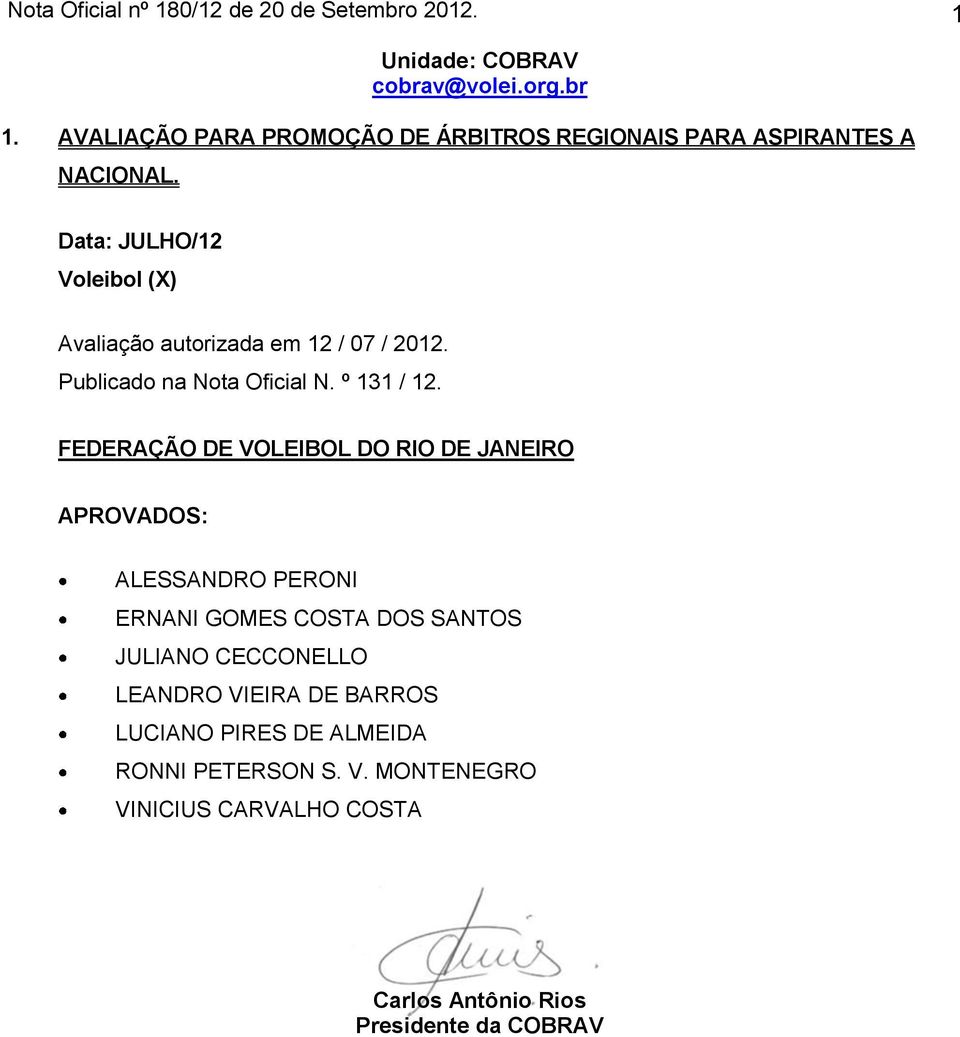 Data: JULHO/12 Voleibol (X) Avaliação autorizada em 12 / 07 / 2012. Publicado na Nota Oficial N. º 131 / 12.