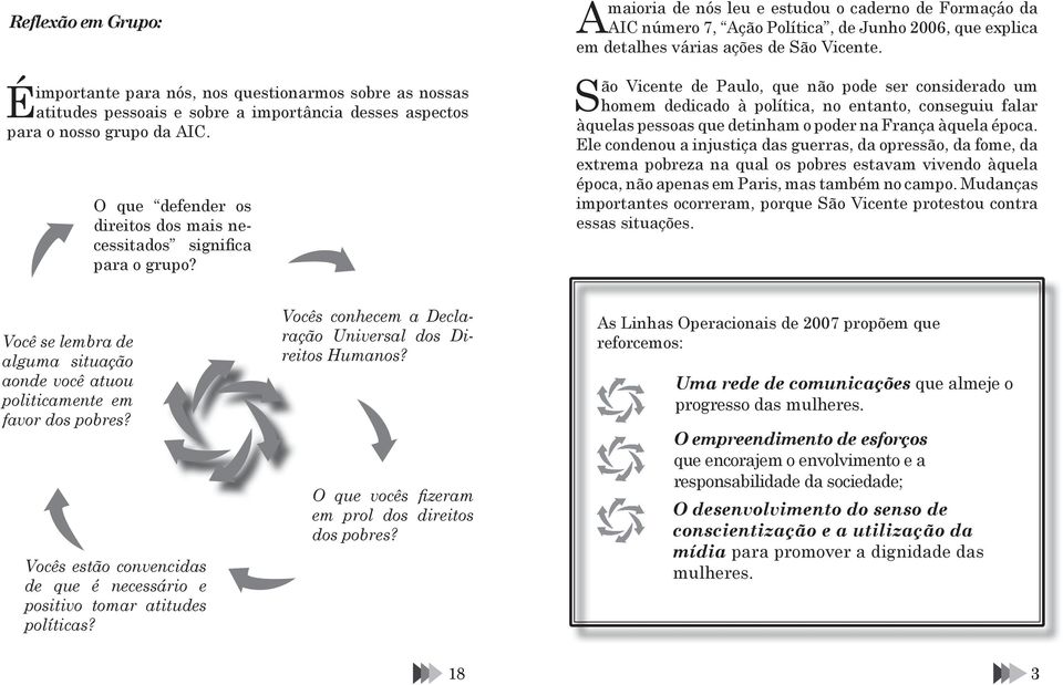 maioria de nós leu e estudou o caderno de Formaçáo da A AIC número 7, Ação Política, de Junho 2006, que explica em detalhes várias ações de São Vicente.