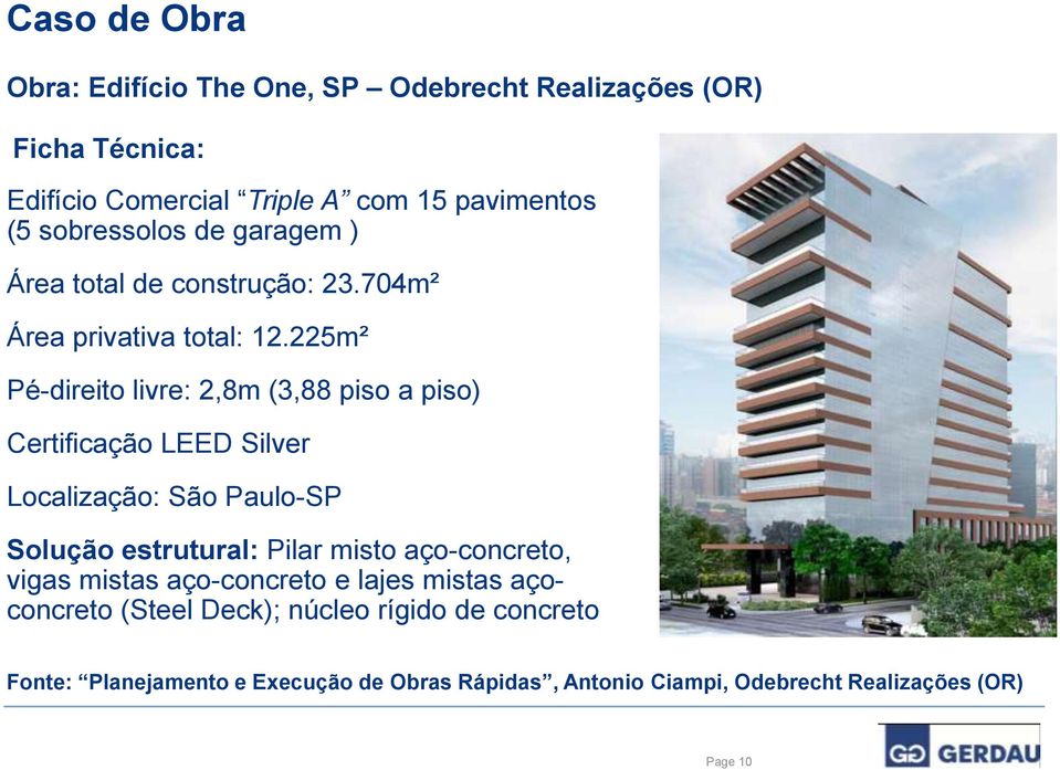 225m² Pé-direito livre: 2,8m (3,88 piso a piso) Certificação LEED Silver Localização: São Paulo-SP Solução estrutural: Pilar misto