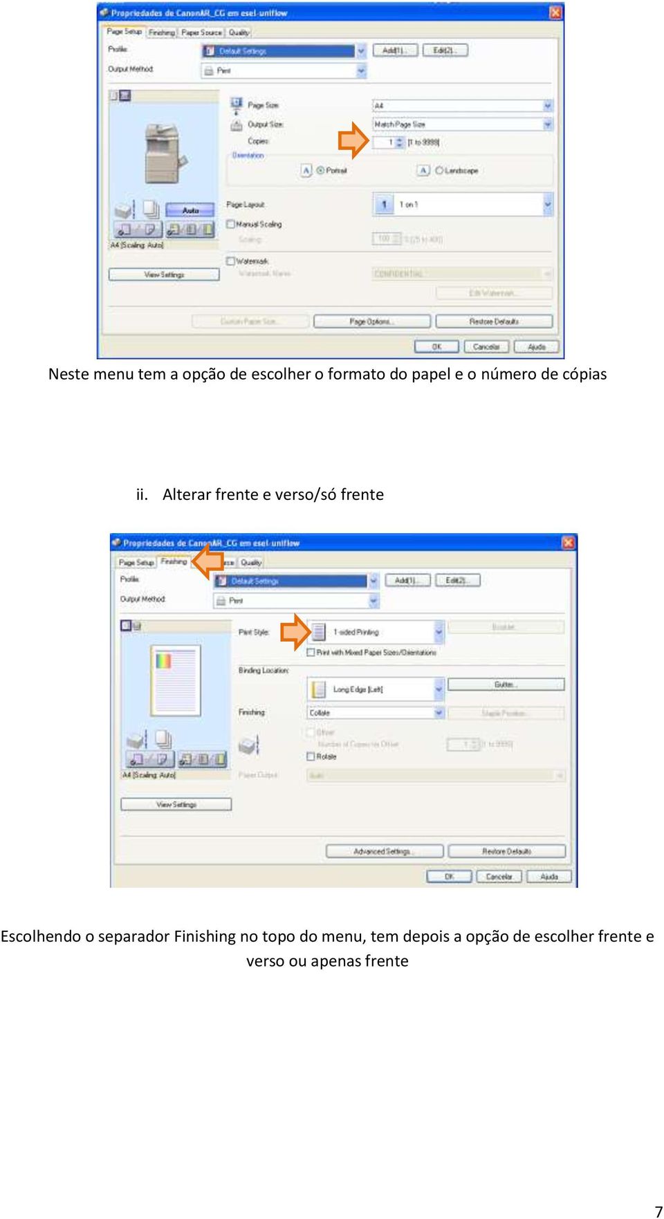 Alterar frente e verso/só frente Escolhendo o separador