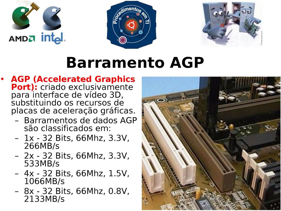 Barramentos de dados AGP são classificados em: 1x - 32 Bits, 66Mhz, 3.