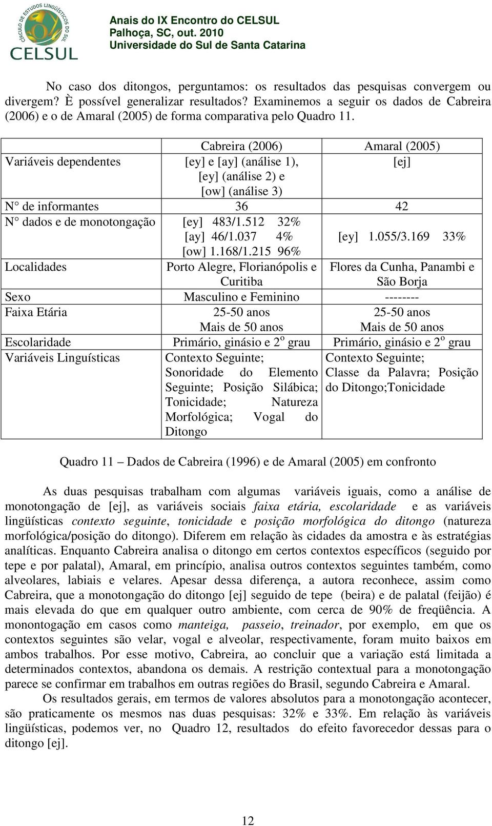 Cabreira (2006) Amaral (2005) Variáveis dependentes [ey] e [ay] (análise 1), [ej] [ey] (análise 2) e [ow] (análise 3) N de informantes 36 42 N dados e de monotongação [ey] 483/1.512 32% [ay] 46/1.