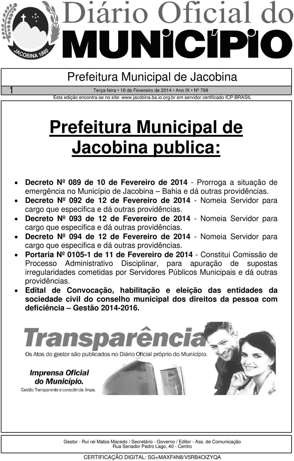 Decreto Nº 093 de 12 de Fevereiro de 2014 - Nomeia Servidor para cargo que especifica e dá outras providências.