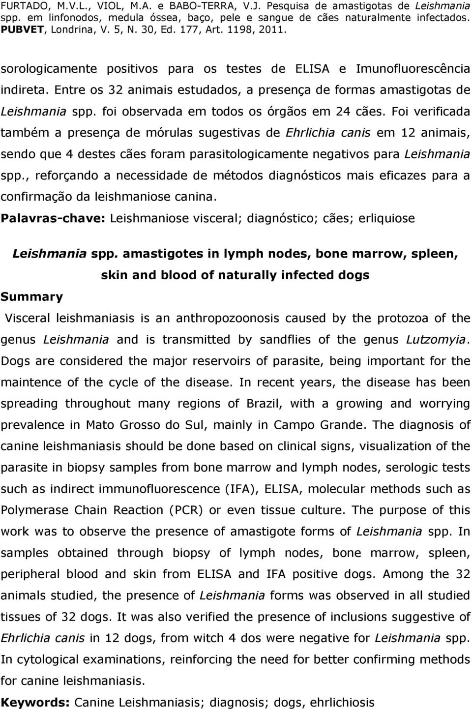 Foi verificada também a presença de mórulas sugestivas de Ehrlichia canis em 12 animais, sendo que 4 destes cães foram parasitologicamente negativos para Leishmania spp.