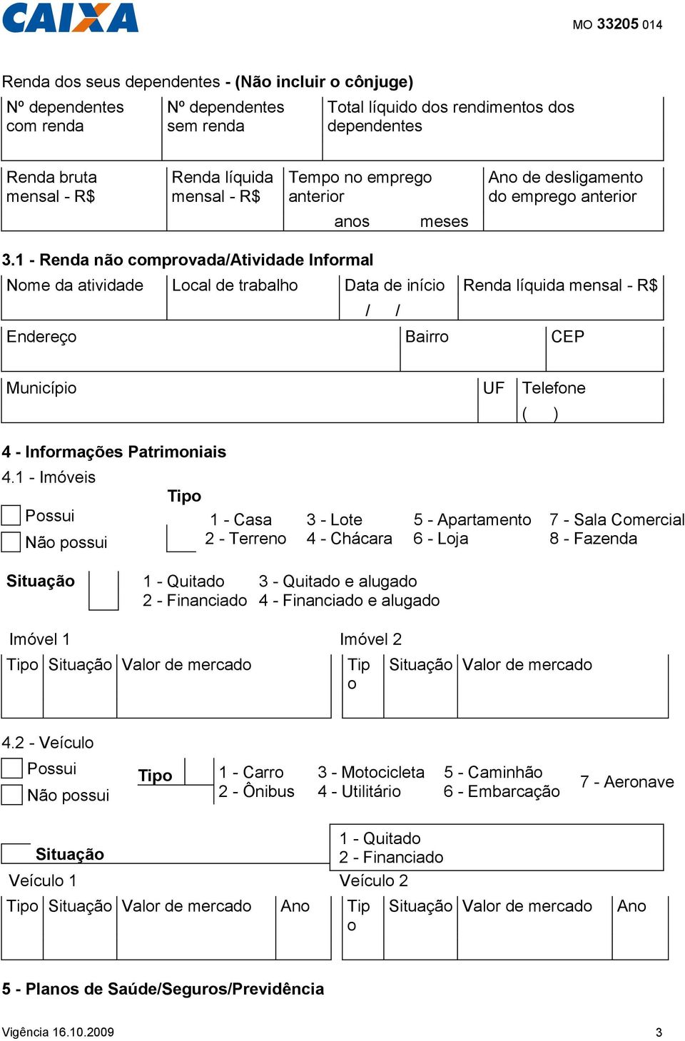 1 - Renda não comprovada/atividade Informal Nome da atividade Local de trabalho Data de início Renda líquida mensal - R$ / / Endereço Bairro CEP Município UF Telefone ( ) 4 - Informações Patrimoniais