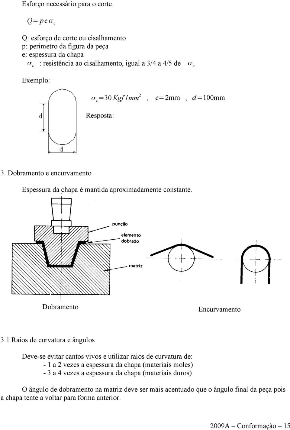 1 Raios de curvatura e ângulos Deve-se evitar cantos vivos e utilizar raios de curvatura de: - 1 a 2 vezes a espessura da chapa (materiais moles) - 3 a 4 vezes a espessura da