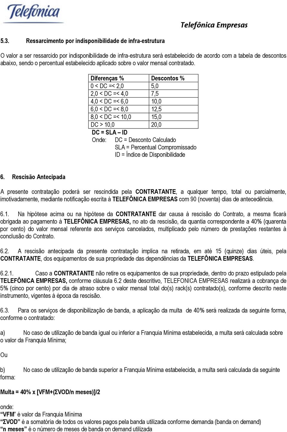 Diferenças % Descontos % 0 < DC =< 2,0 5,0 2,0 < DC =< 4,0 7,5 4,0 < DC =< 6,0 10,0 6,0 < DC =< 8,0 12,5 8,0 < DC =< 10,0 15,0 DC > 10,0 20,0 DC = SLA ID Onde: DC = Desconto Calculado SLA =