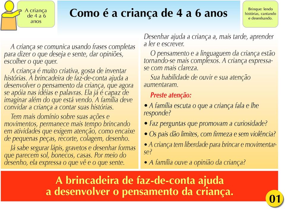 Ela já é capaz de imaginar além do que está vendo. A família deve convidar a criança a contar suas histórias.