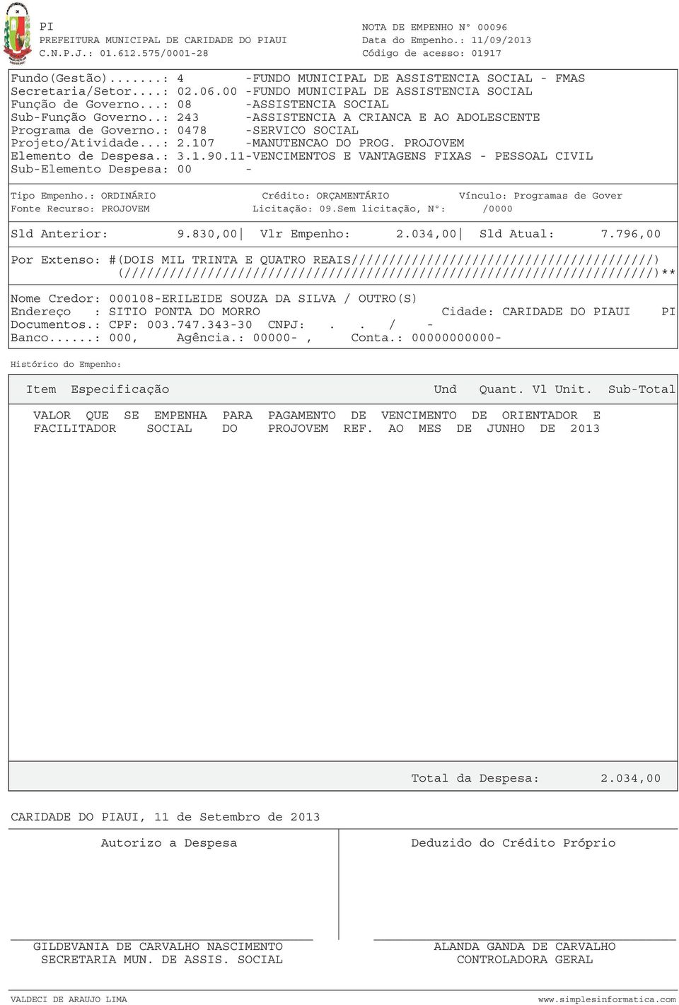 11-VENCIMENTOS E VANTAGENS FIXAS - PESSOAL CIVIL Sub-Elemento Despesa: 00 - Fonte Recurso: PROJOVEM Licitação: 09.Sem licitação, Nº: /0000 Sld Anterior: 9.830,00 Vlr Empenho: 2.034,00 Sld Atual: 7.