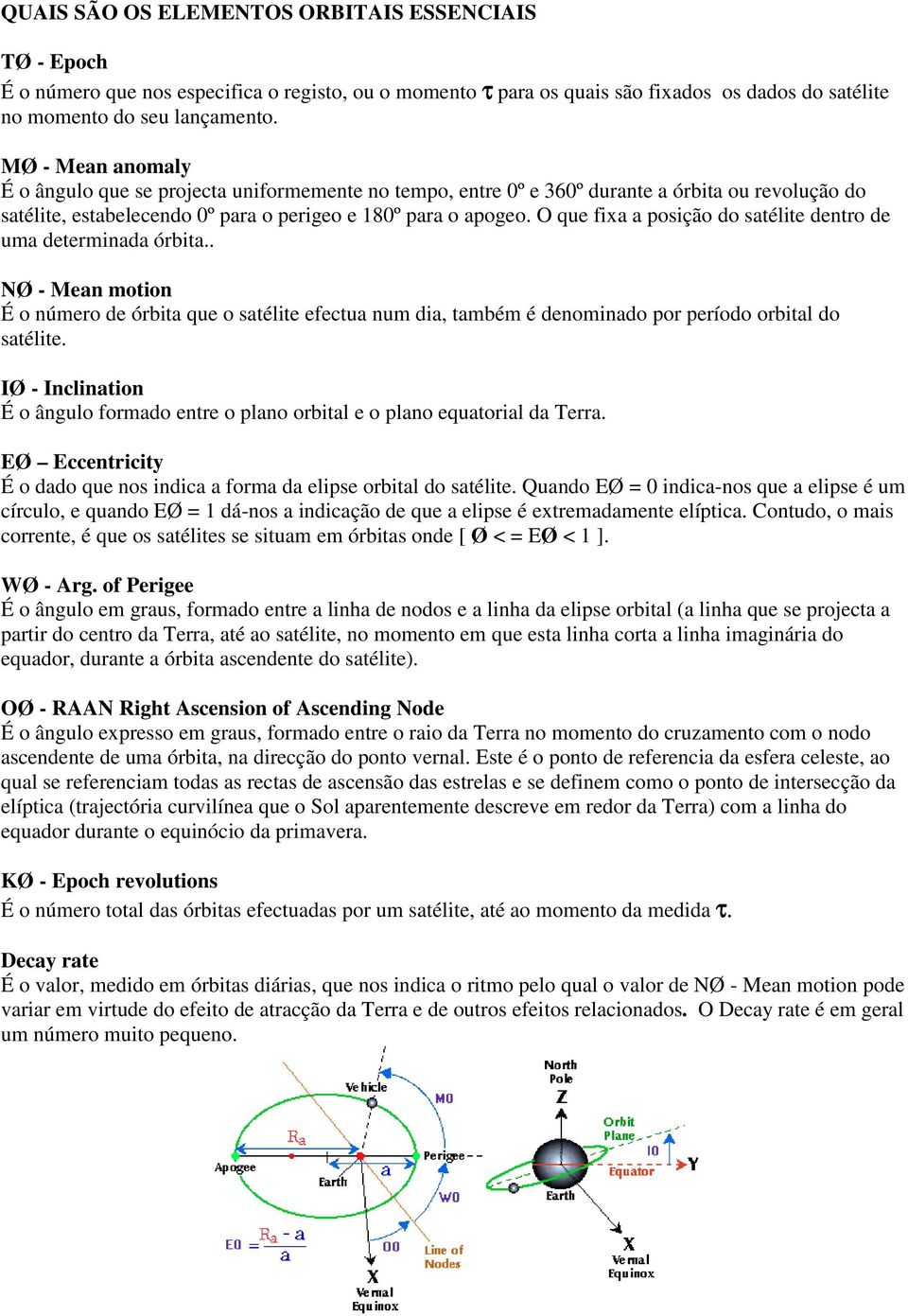 O que fixa a posição do satélite dentro de uma determinada órbita.. NØ - Mean motion É o número de órbita que o satélite efectua num dia, também é denominado por período orbital do satélite.