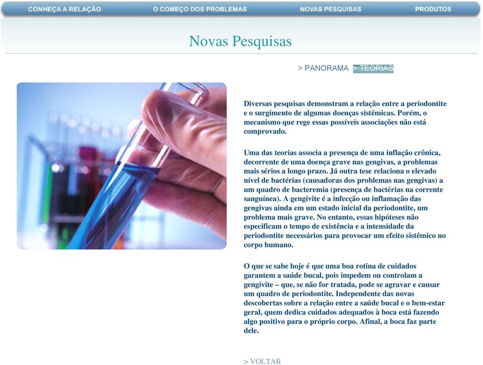 Uma das teorias associa a presença de uma inflação crônica, decorrente de uma doença grave nas gengivas, a problemas mais sérios a longo prazo.