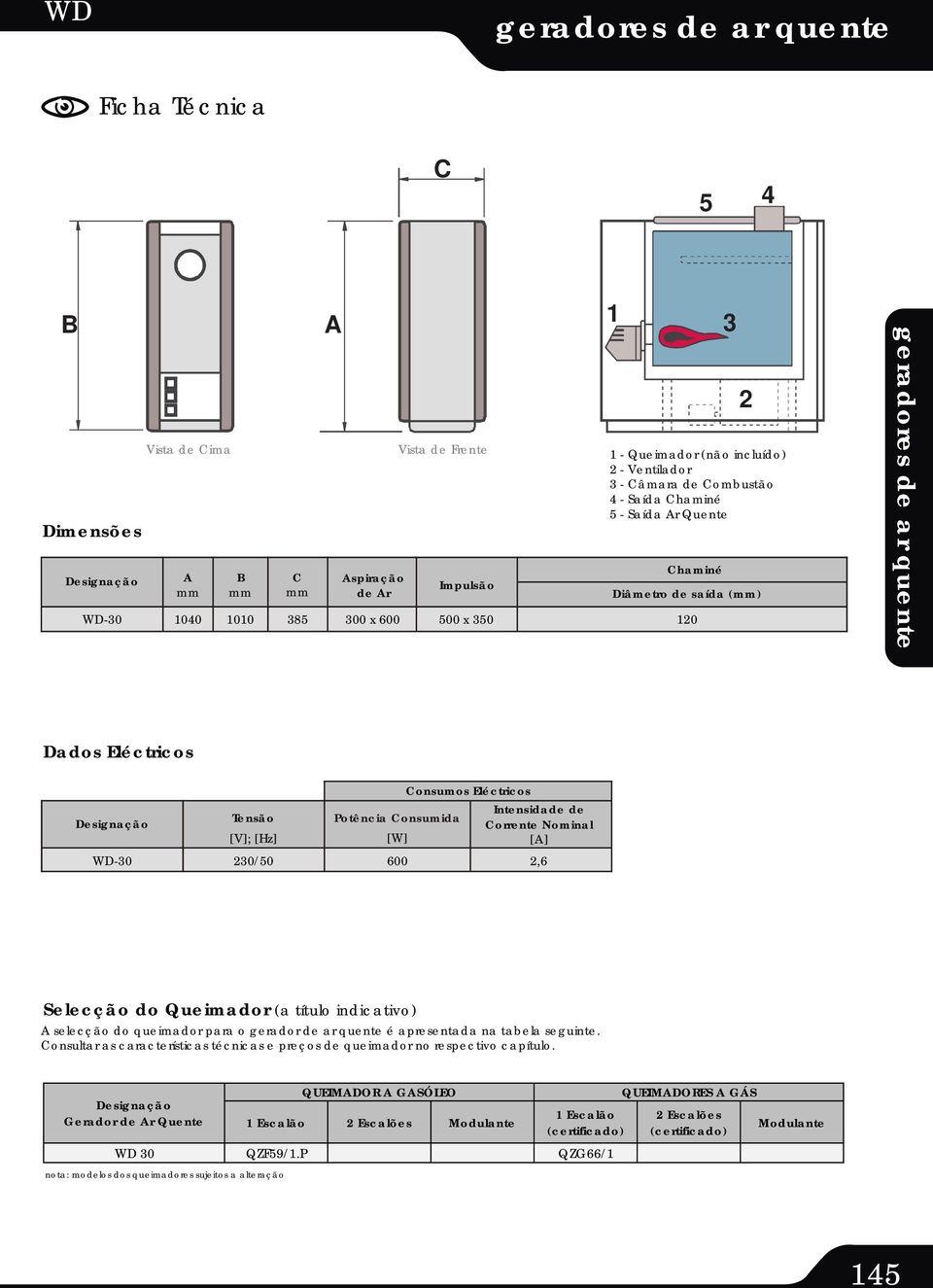 Selecção do Queimador (a título indicativo) A selecção do queimador para o gerador de ar quente é apresentada na tabela seguinte.