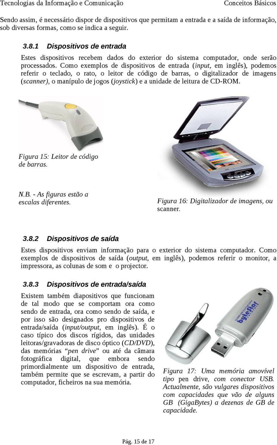 Como exemplos de dispositivos de entrada (input, em inglês), podemos referir o teclado, o rato, o leitor de código de barras, o digitalizador de imagens (scanner), o manípulo de jogos (joystick) e a