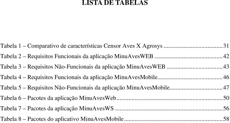 .. 42 Tabela 3 Requisitos Não-Funcionais da aplicação MinuAvesWEB.