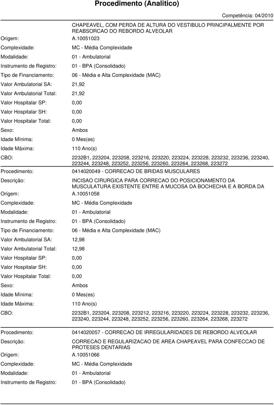 223264, 223268, 223272 0414020049 - CORRECAO DE BRIDAS MUSCULARES INCISAO CIRURGICA PARA CORRECAO DO POSICIONAMENTO DA MUSCULATURA EXISTENTE ENTRE A