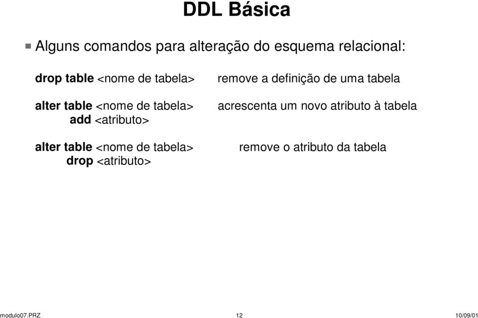 acrescenta um novo atributo à tabela add <atributo> alter table <nome de