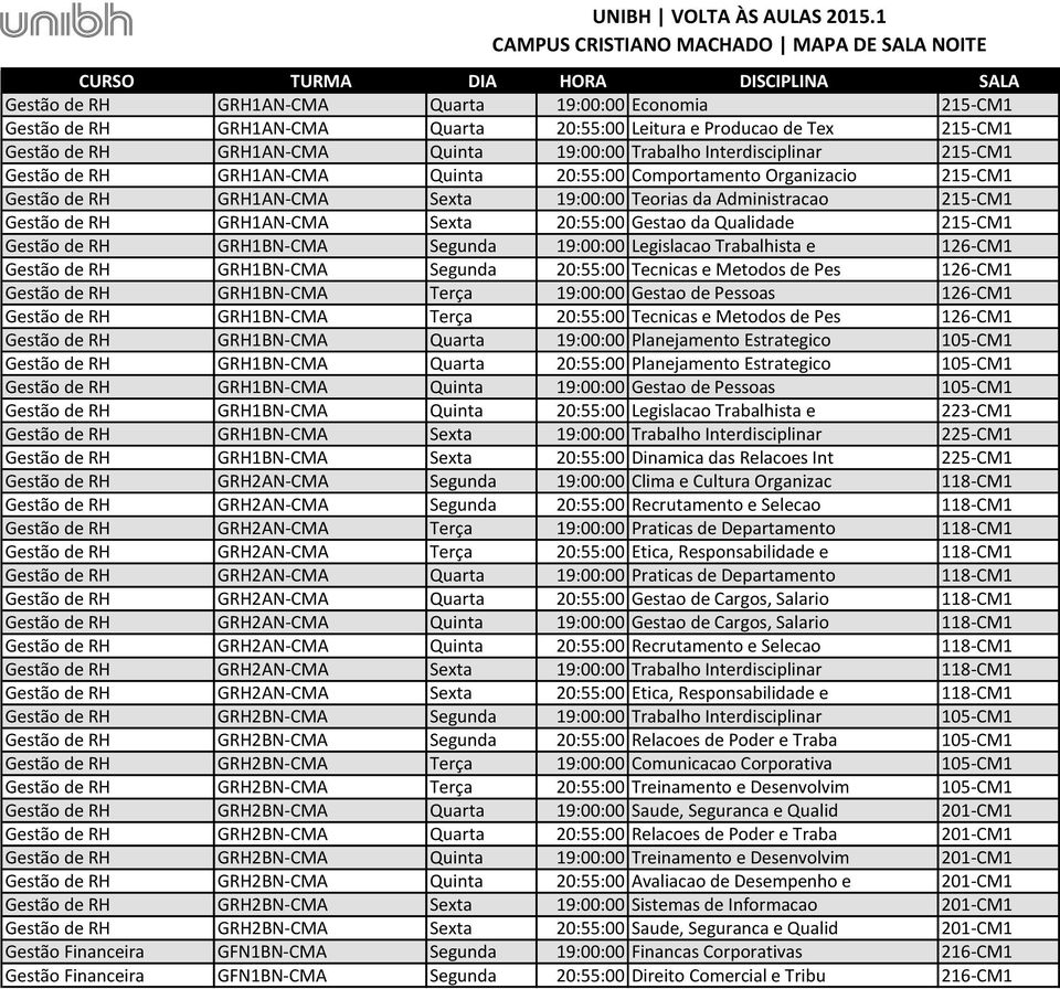 da Qualidade 215-CM1 Gestão de RH GRH1BN-CMA Segunda 19:00:00 Legislacao Trabalhista e 126-CM1 Gestão de RH GRH1BN-CMA Segunda 20:55:00 Tecnicas e Metodos de Pes 126-CM1 Gestão de RH GRH1BN-CMA Terça